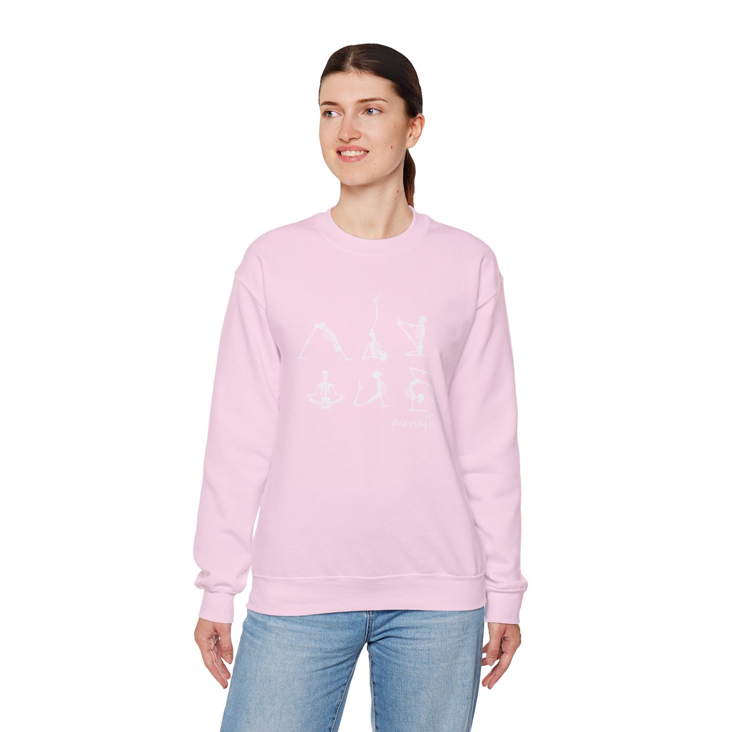 Namaste Halloween Yoga Skeleton Sweatshirt | Cozy Gildan Unisex Crewneck, Three Bees Co. Fall Fashion, Halloween Apparel, Spooky Season Essentials
