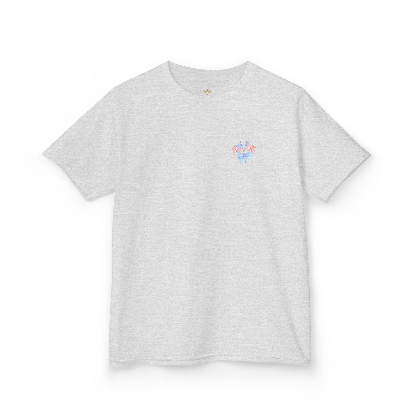 Bee Patriotic American Flag with Bow Girls Short Sleeve Youth Heavy Cotton Gildan Hive Tee