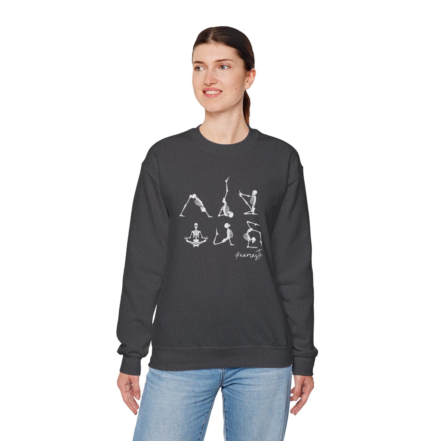 Namaste Halloween Yoga Skeleton Sweatshirt | Cozy Gildan Unisex Crewneck, Three Bees Co. Fall Fashion, Halloween Apparel, Spooky Season Essentials