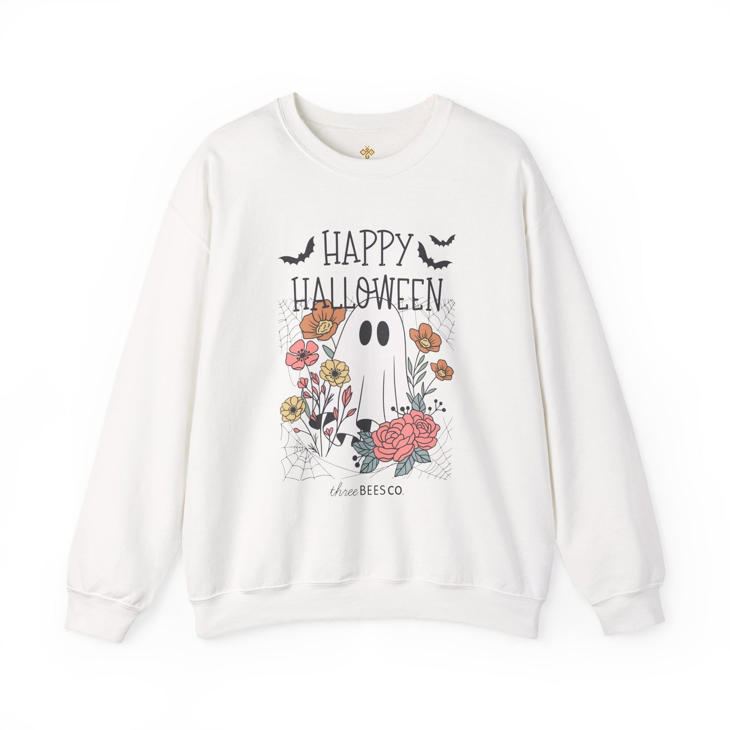 Happy Halloween Ghost Floral Sweatshirt | Cozy Gildan Unisex Crewneck, Three Bees Co. Fall Fashion, Halloween Apparel, Spooky Season Essentials