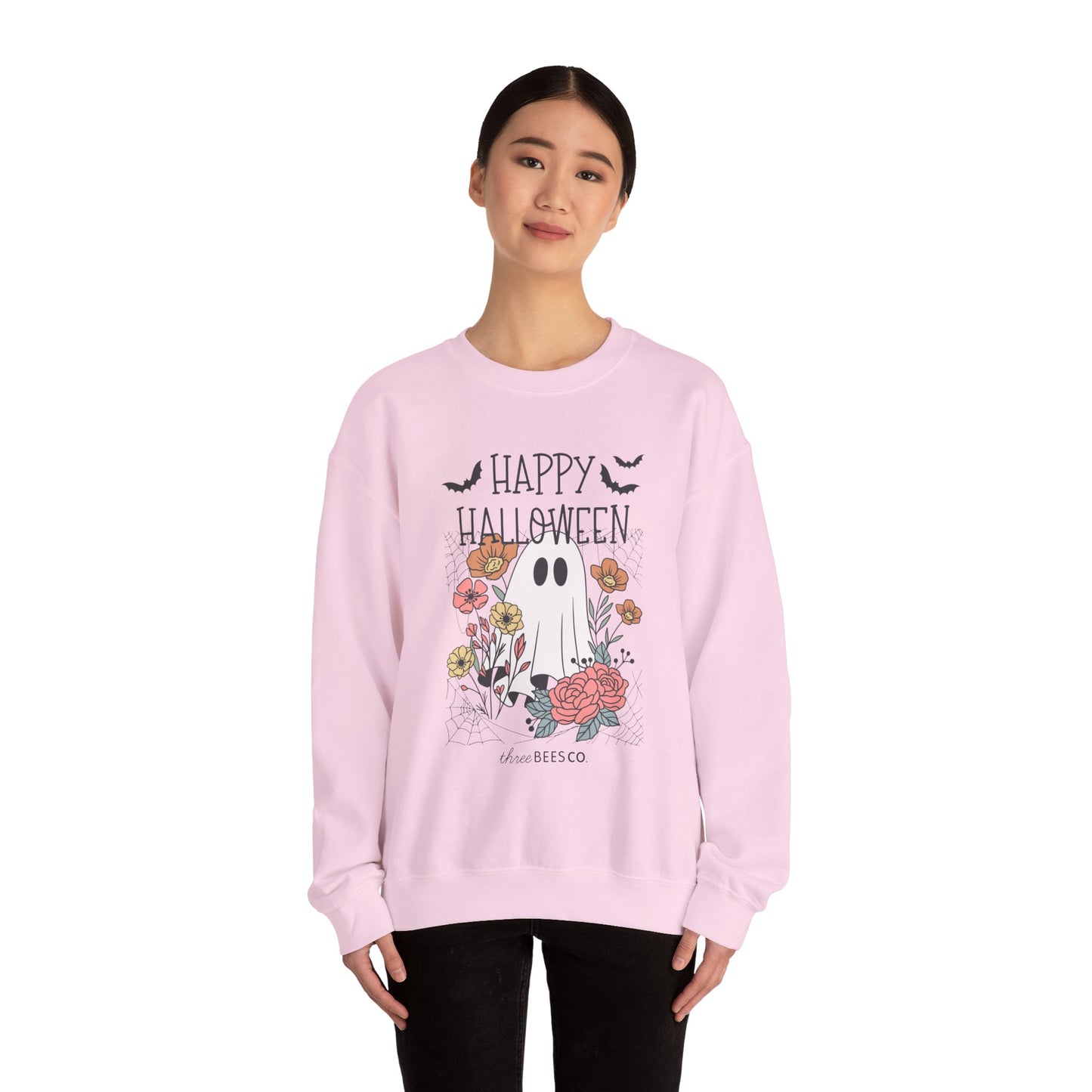 Happy Halloween Ghost Floral Sweatshirt | Cozy Gildan Unisex Crewneck, Three Bees Co. Fall Fashion, Halloween Apparel, Spooky Season Essentials