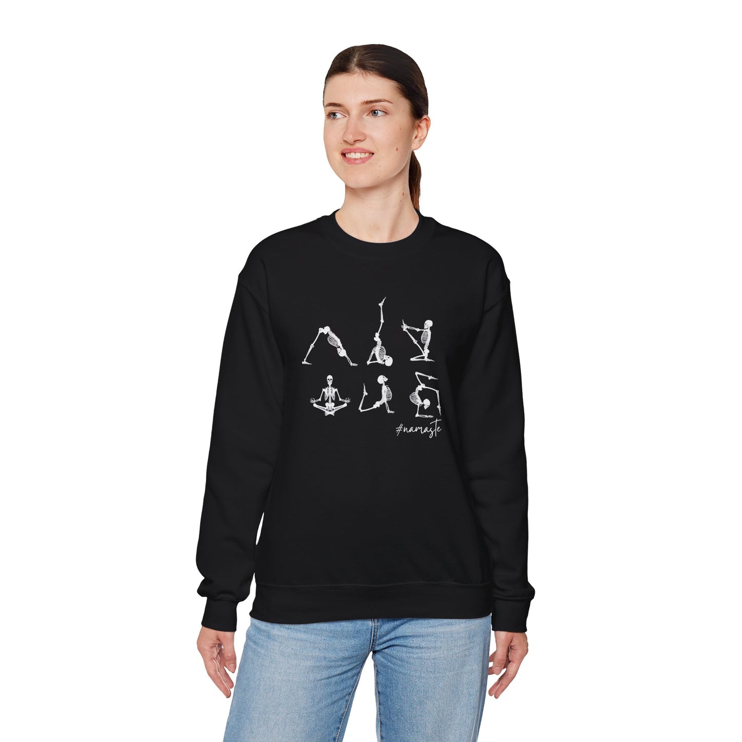 Namaste Halloween Yoga Skeleton Sweatshirt | Cozy Gildan Unisex Crewneck, Three Bees Co. Fall Fashion, Halloween Apparel, Spooky Season Essentials