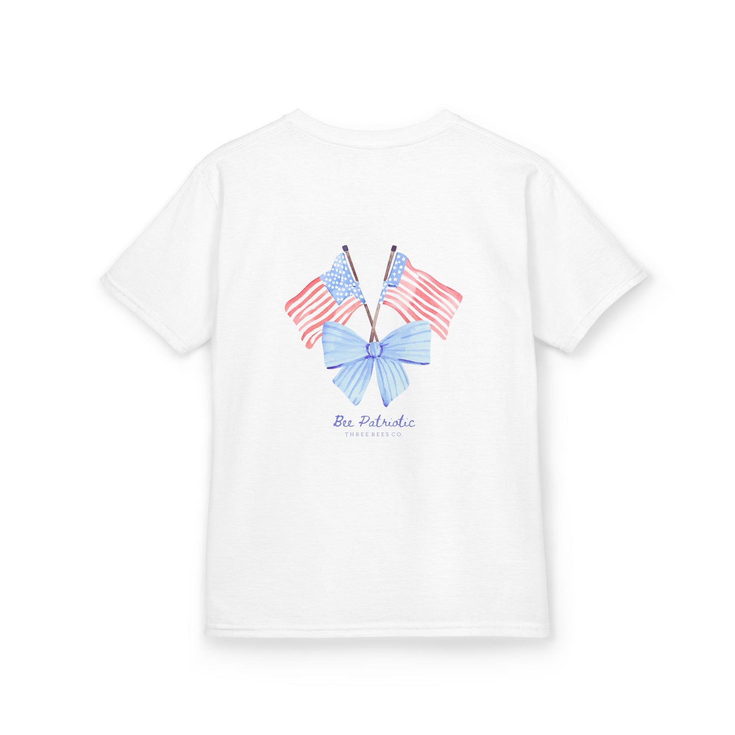 Bee Patriotic American Flag with Bow Girls Short Sleeve Youth Heavy Cotton Gildan Hive Tee