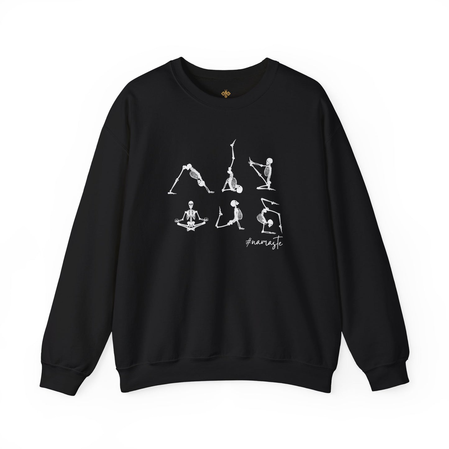 Namaste Halloween Yoga Skeleton Sweatshirt | Cozy Gildan Unisex Crewneck, Three Bees Co. Fall Fashion, Halloween Apparel, Spooky Season Essentials