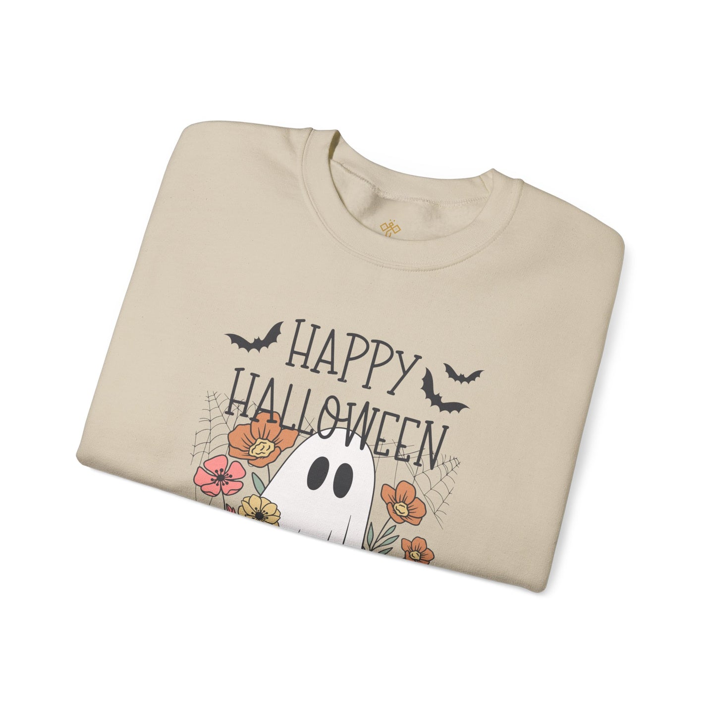 Happy Halloween Ghost Floral Sweatshirt | Cozy Gildan Unisex Crewneck, Three Bees Co. Fall Fashion, Halloween Apparel, Spooky Season Essentials
