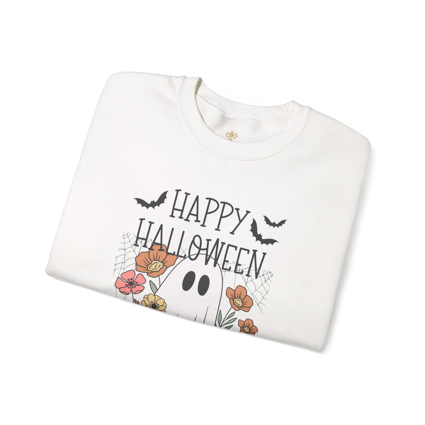 Happy Halloween Ghost Floral Sweatshirt | Cozy Gildan Unisex Crewneck, Three Bees Co. Fall Fashion, Halloween Apparel, Spooky Season Essentials