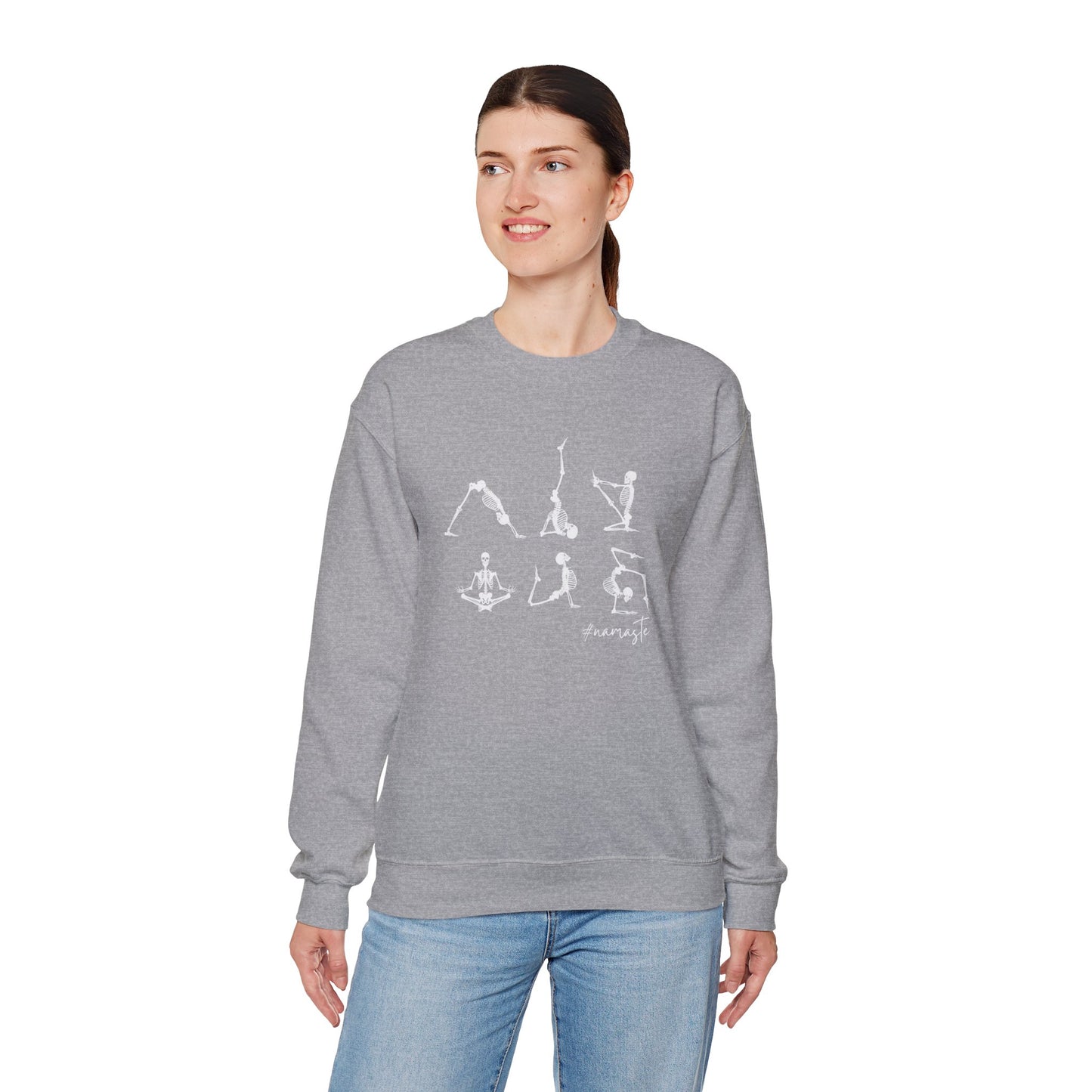 Namaste Halloween Yoga Skeleton Sweatshirt | Cozy Gildan Unisex Crewneck, Three Bees Co. Fall Fashion, Halloween Apparel, Spooky Season Essentials