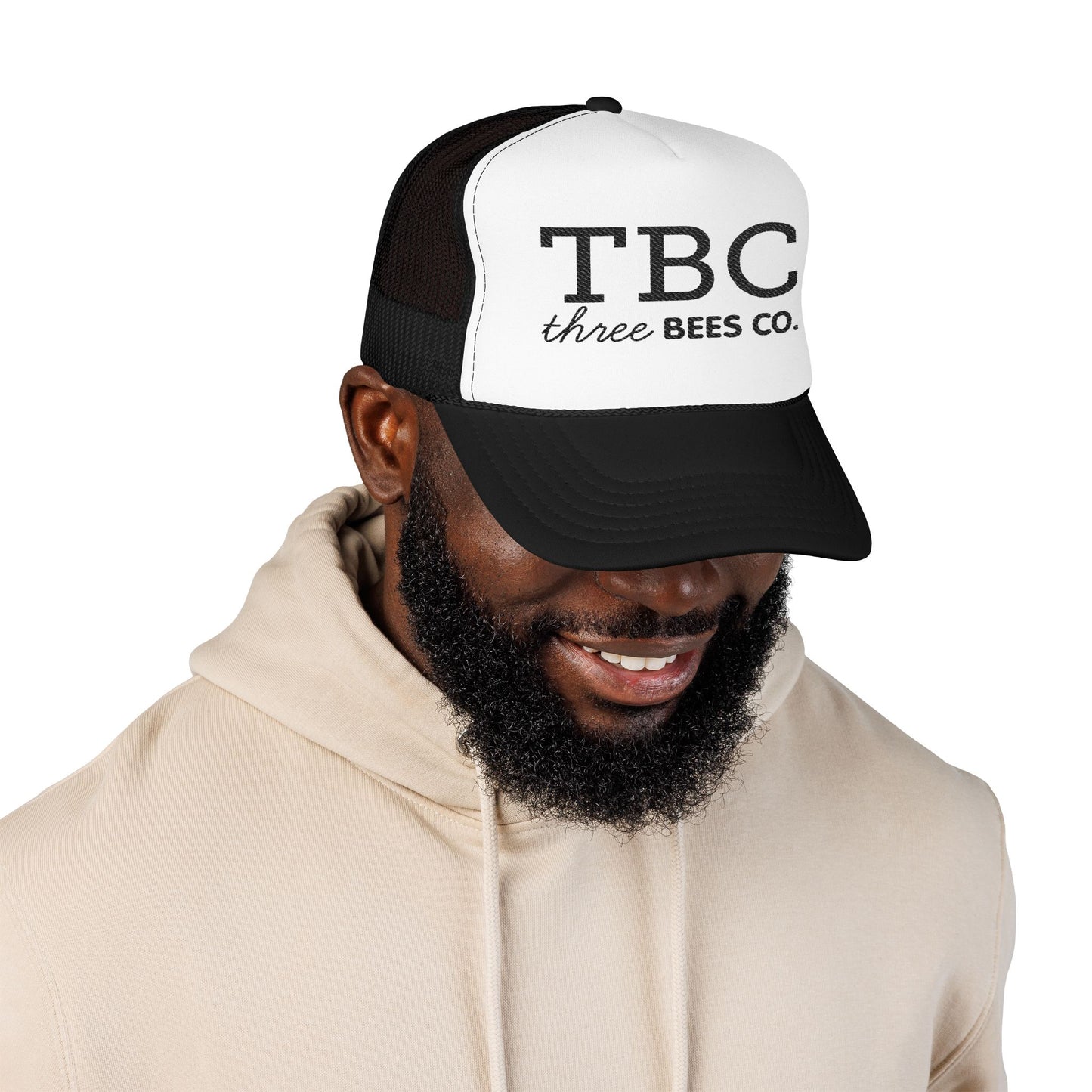 Three Bees Co TBC in Black Embroidered Foam Trucker Otto Hat - Summer Vibe Accessory