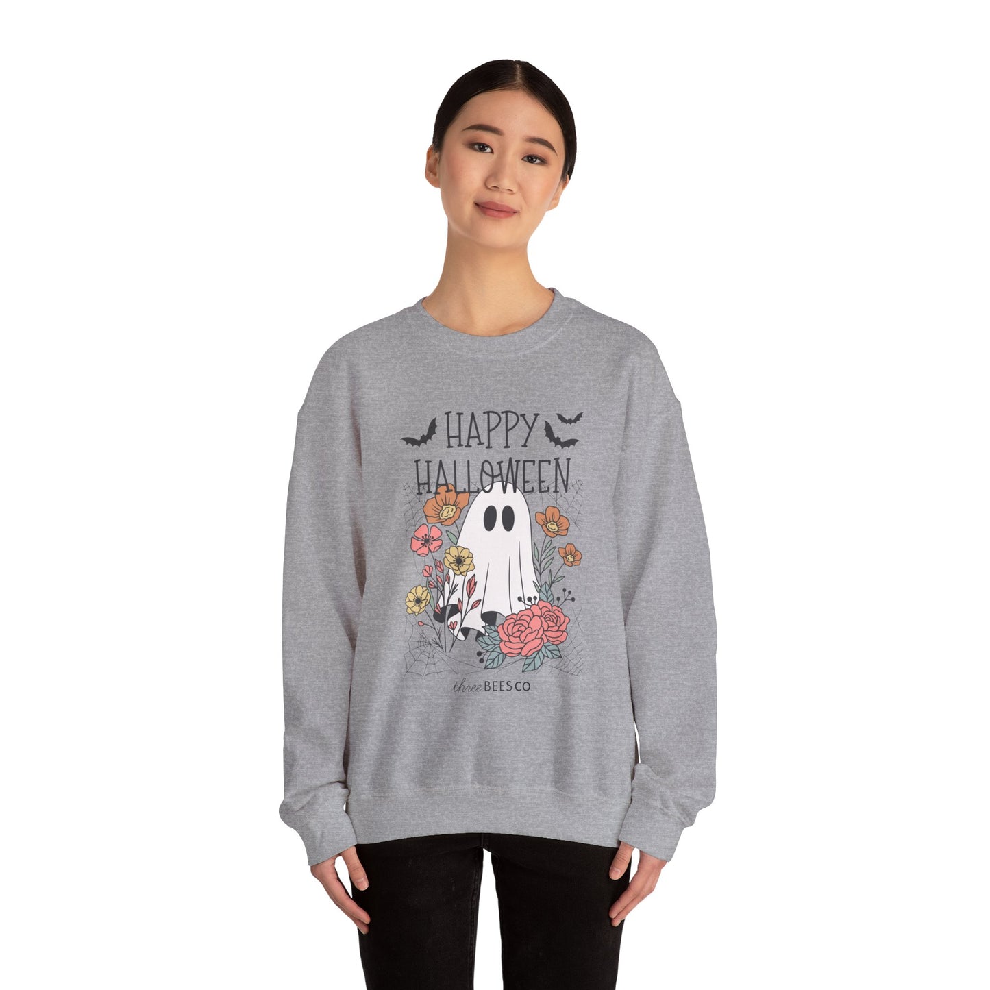 Happy Halloween Ghost Floral Sweatshirt | Cozy Gildan Unisex Crewneck, Three Bees Co. Fall Fashion, Halloween Apparel, Spooky Season Essentials