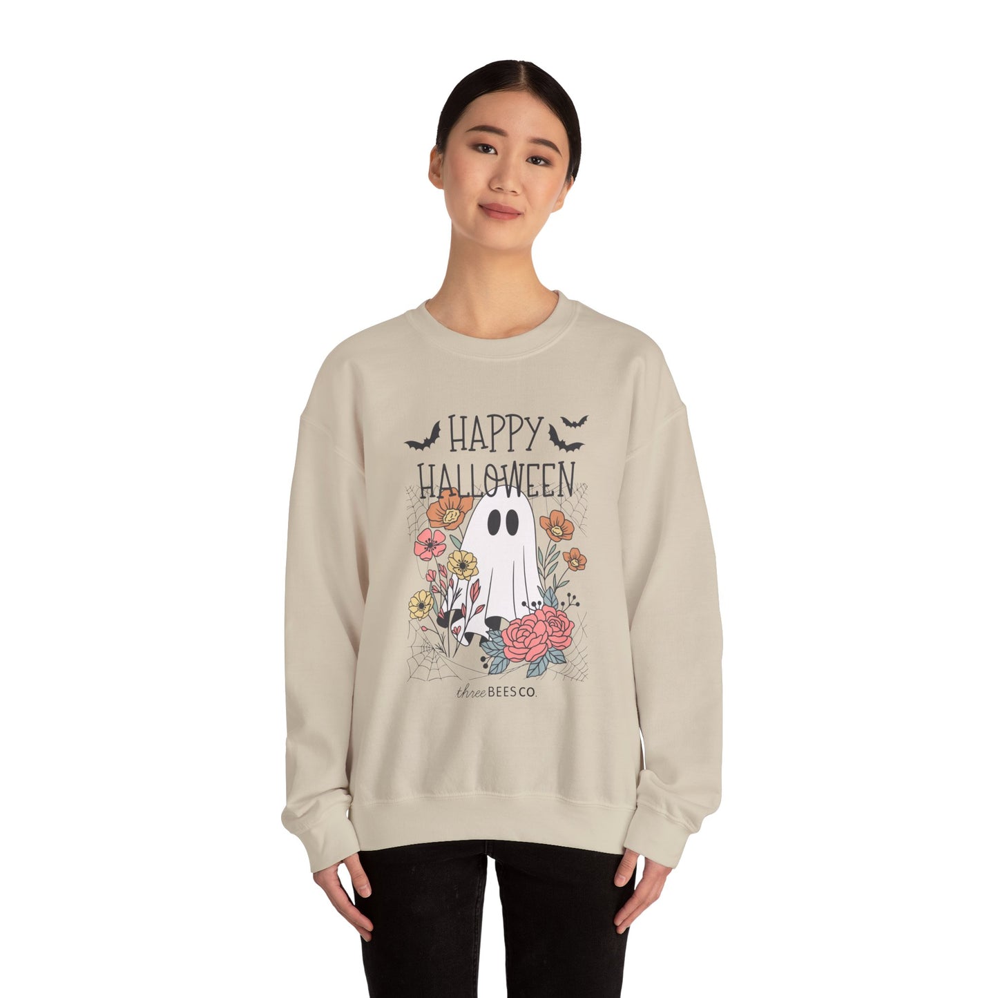 Happy Halloween Ghost Floral Sweatshirt | Cozy Gildan Unisex Crewneck, Three Bees Co. Fall Fashion, Halloween Apparel, Spooky Season Essentials
