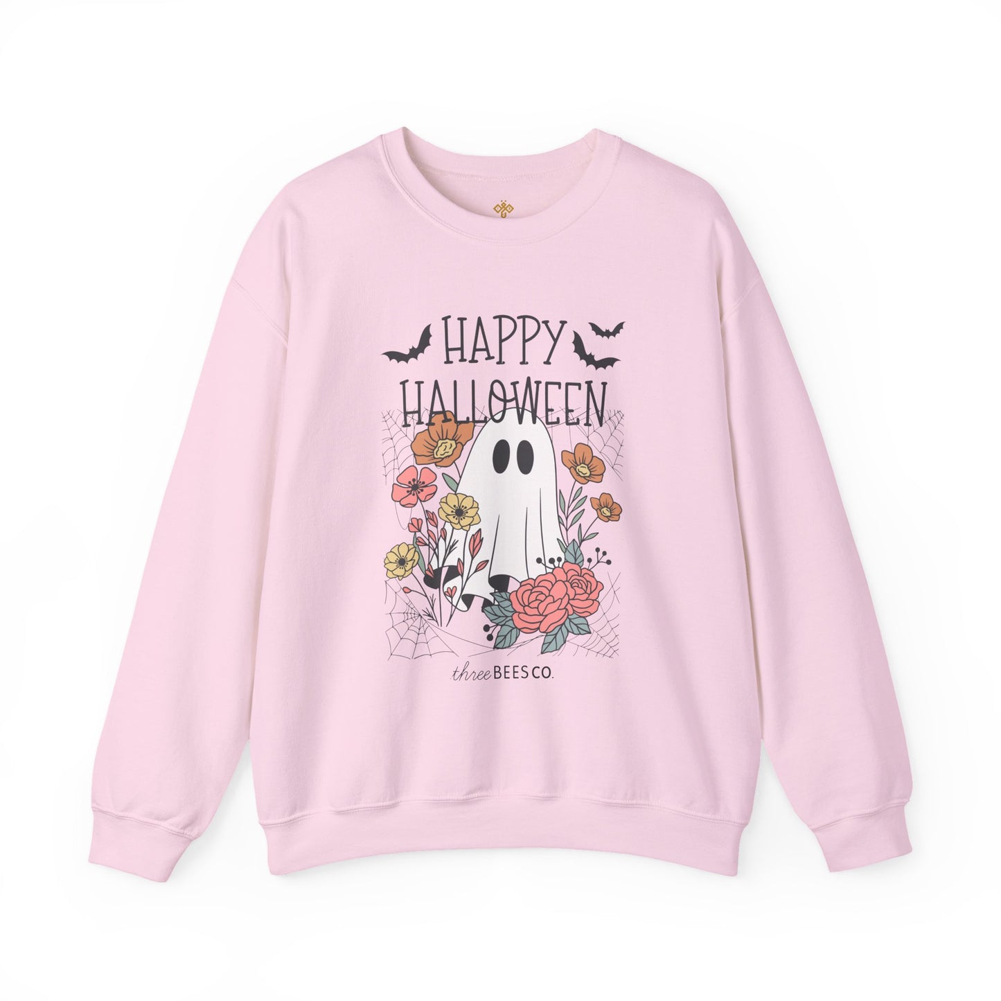Happy Halloween Ghost Floral Sweatshirt | Cozy Gildan Unisex Crewneck, Three Bees Co. Fall Fashion, Halloween Apparel, Spooky Season Essentials