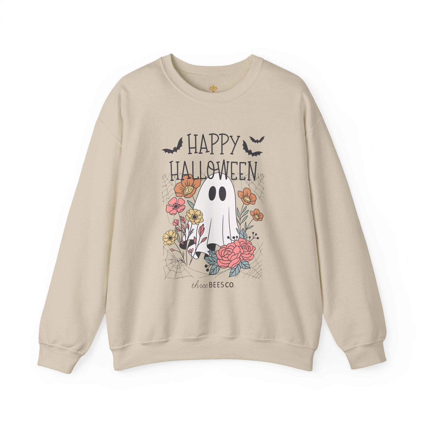 Happy Halloween Ghost Floral Sweatshirt | Cozy Gildan Unisex Crewneck, Three Bees Co. Fall Fashion, Halloween Apparel, Spooky Season Essentials