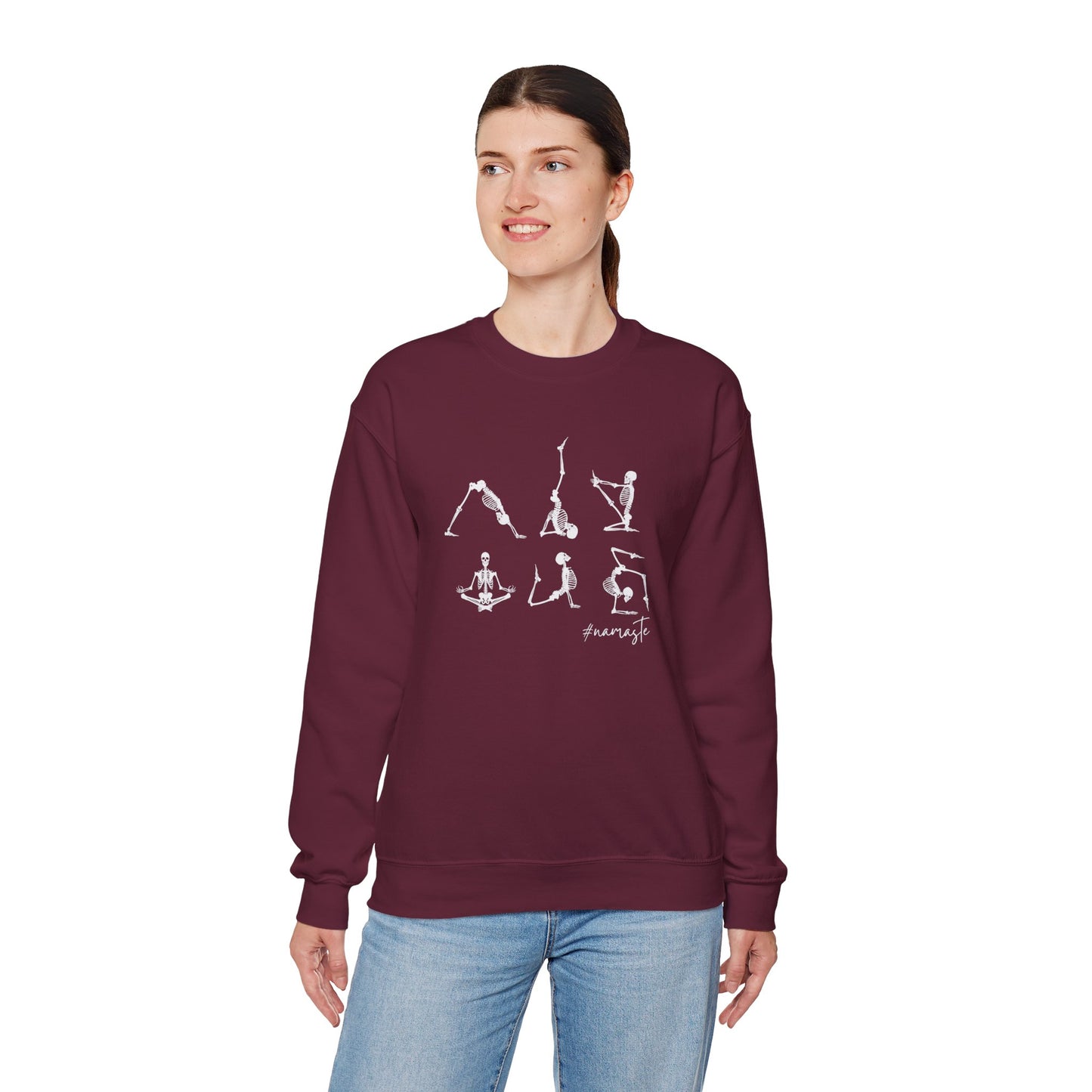 Namaste Halloween Yoga Skeleton Sweatshirt | Cozy Gildan Unisex Crewneck, Three Bees Co. Fall Fashion, Halloween Apparel, Spooky Season Essentials