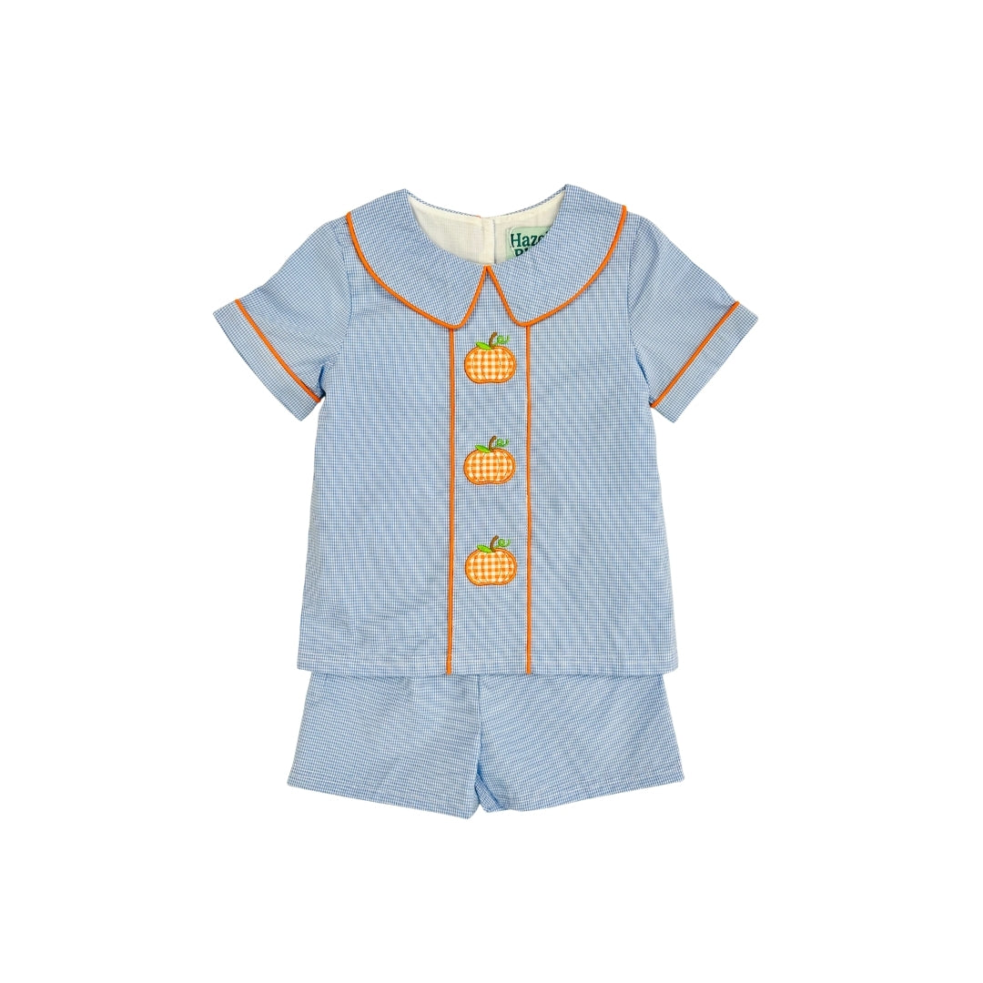 Hazel Blue Blue Micro Check Short Set with Pumpkin Applique