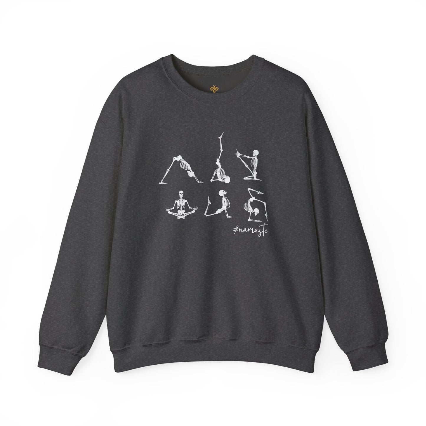 Namaste Halloween Yoga Skeleton Sweatshirt | Cozy Gildan Unisex Crewneck, Three Bees Co. Fall Fashion, Halloween Apparel, Spooky Season Essentials