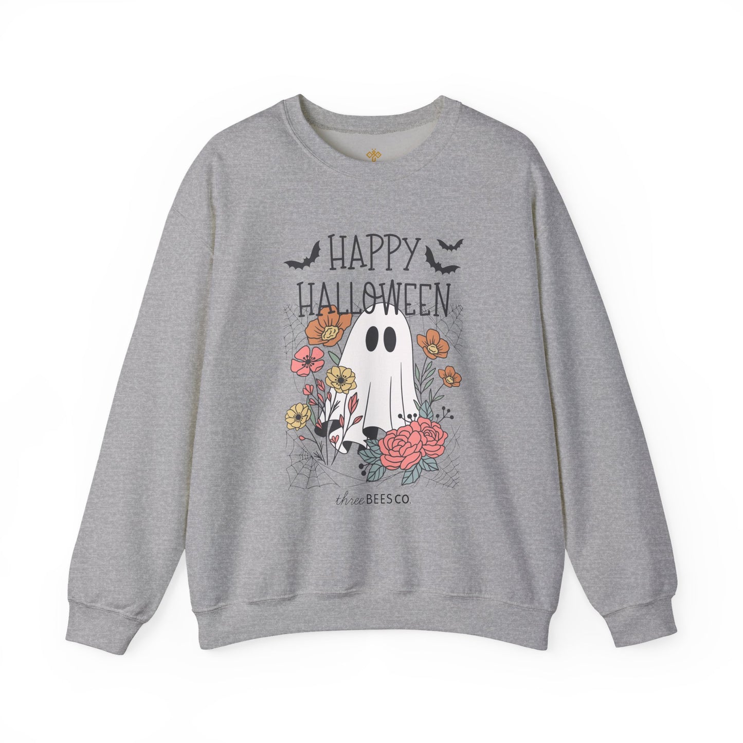 Happy Halloween Ghost Floral Sweatshirt | Cozy Gildan Unisex Crewneck, Three Bees Co. Fall Fashion, Halloween Apparel, Spooky Season Essentials