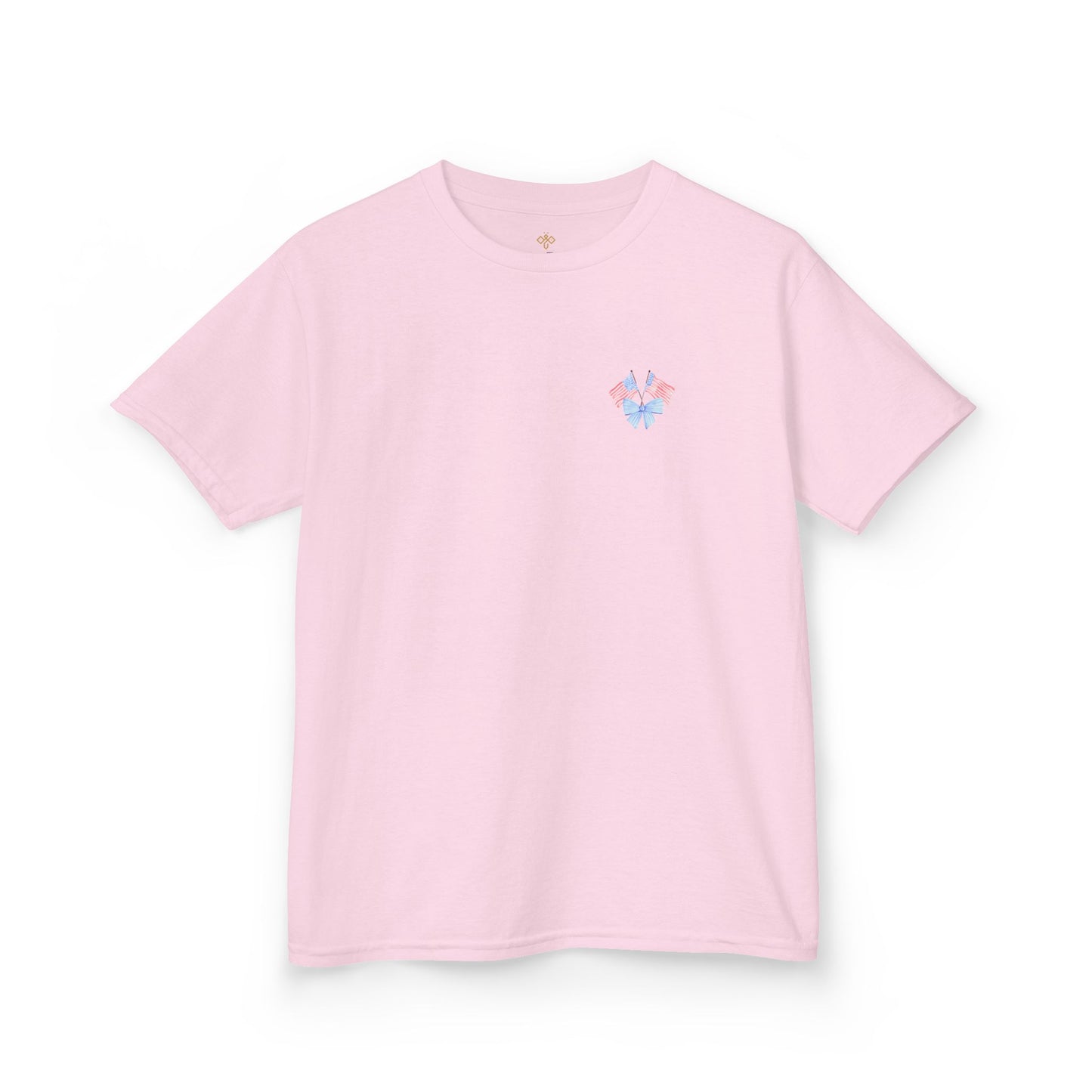 Bee Patriotic American Flag with Bow Girls Short Sleeve Youth Heavy Cotton Gildan Hive Tee