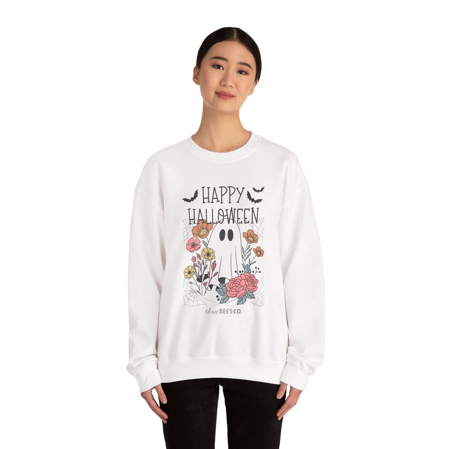 Happy Halloween Ghost Floral Sweatshirt | Cozy Gildan Unisex Crewneck, Three Bees Co. Fall Fashion, Halloween Apparel, Spooky Season Essentials