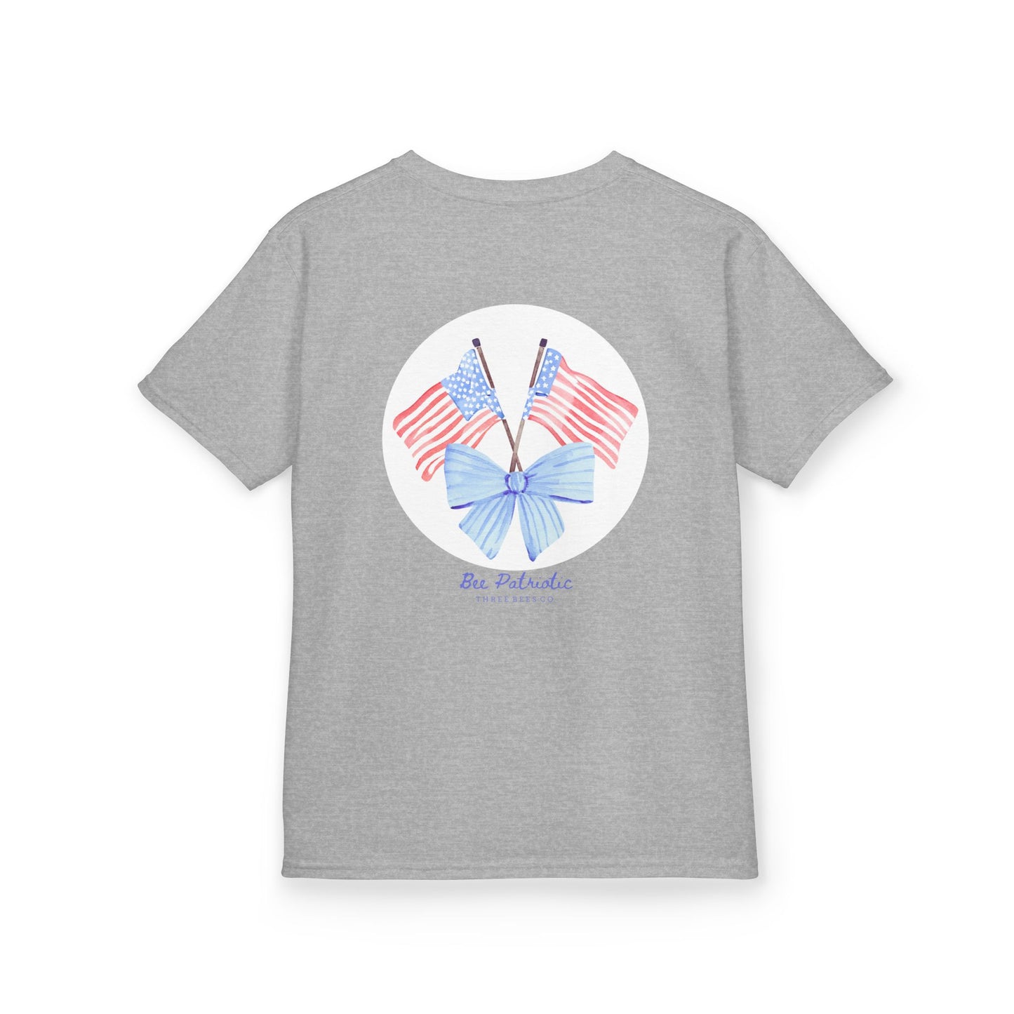 Bee Patriotic American Flag with Bow Girls Short Sleeve Youth Heavy Cotton Gildan Hive Tee