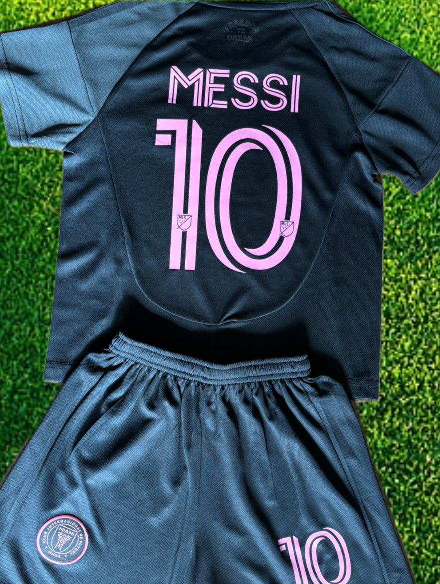 Lionel Messi Black Miami 2025 Kids Soccer Jersey Set Football