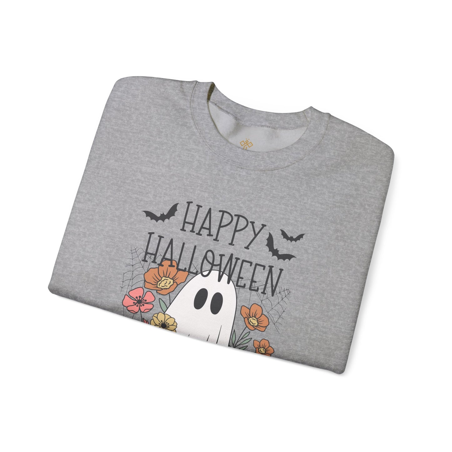 Happy Halloween Ghost Floral Sweatshirt | Cozy Gildan Unisex Crewneck, Three Bees Co. Fall Fashion, Halloween Apparel, Spooky Season Essentials