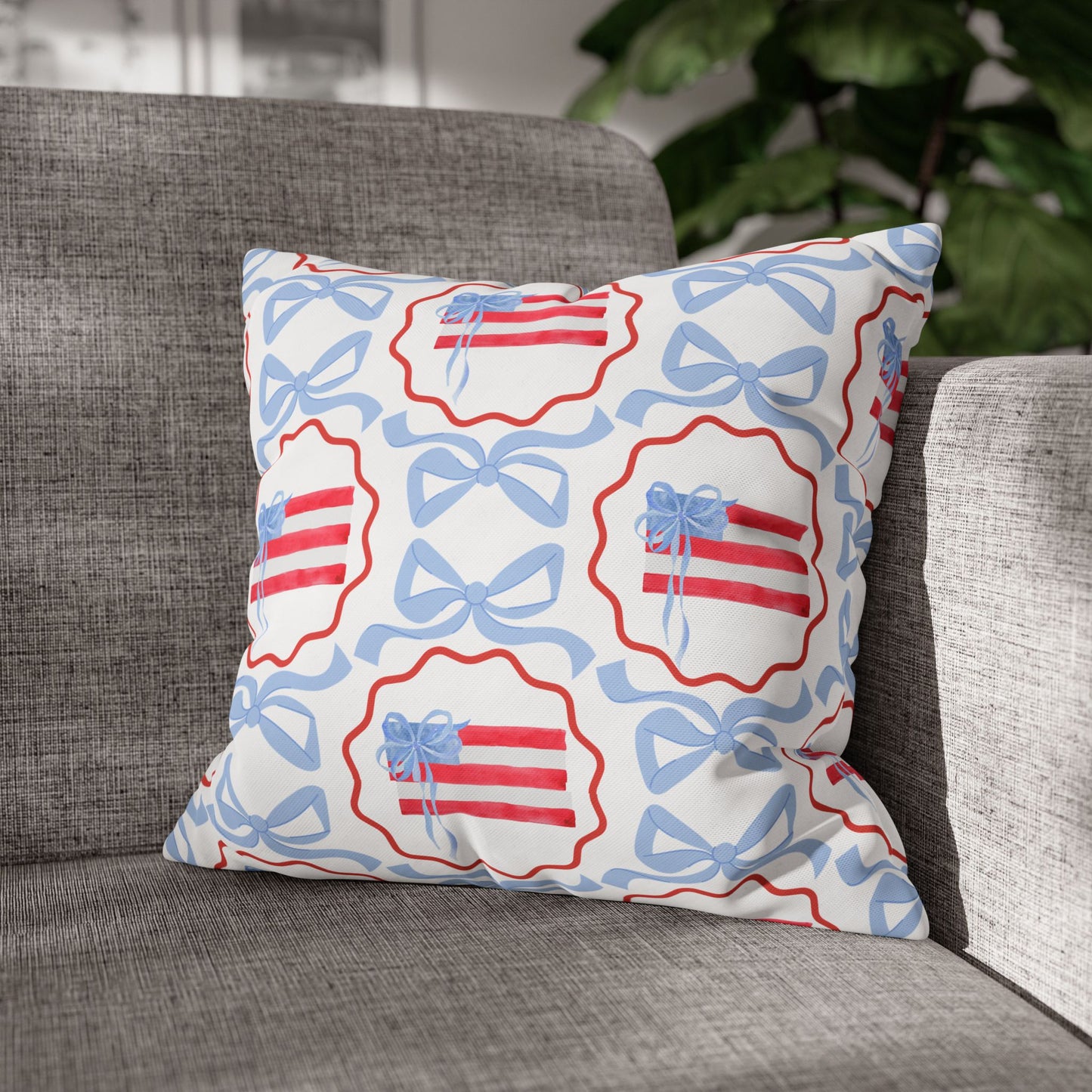Patriotic Trellis Bow Pillowcase - Red, White & Blue Decorative Cushion Cover 16" x 16"