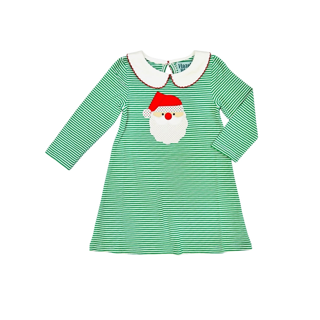 Hazel Blue Green Stripe Dress with Santa Applique