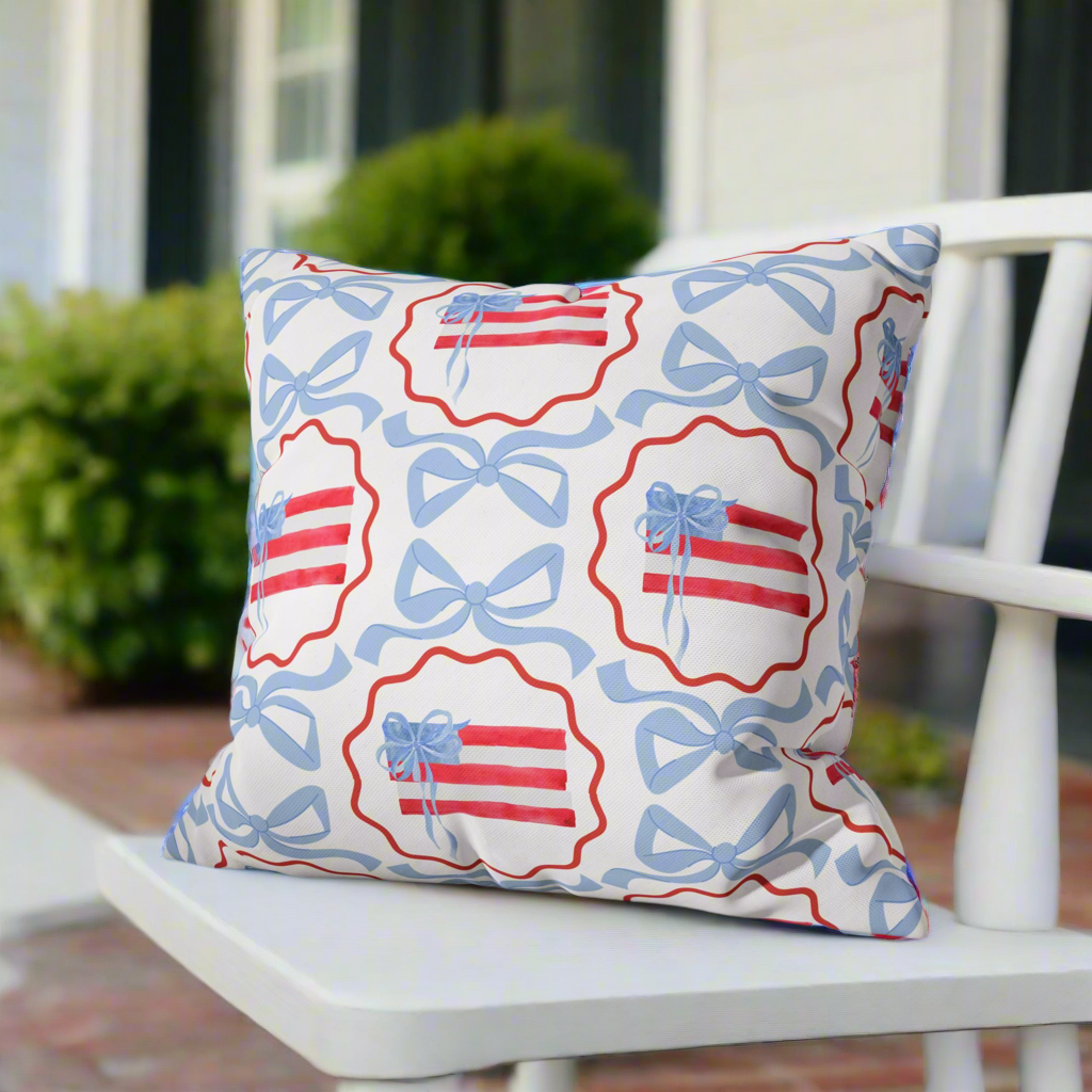 Patriotic Trellis Bow Pillowcase - Red, White & Blue Decorative Cushion Cover 16" x 16"