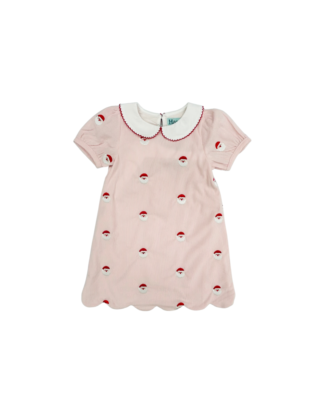 Hazel Blue All Over Pink Embroidered Santa Corduroy Dress with Picot Trim Peter Pan Collar & Scallop Hem