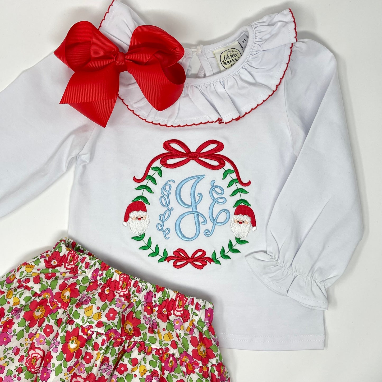 Christmas Wreath Frame with Bows Embroidery Girls Top