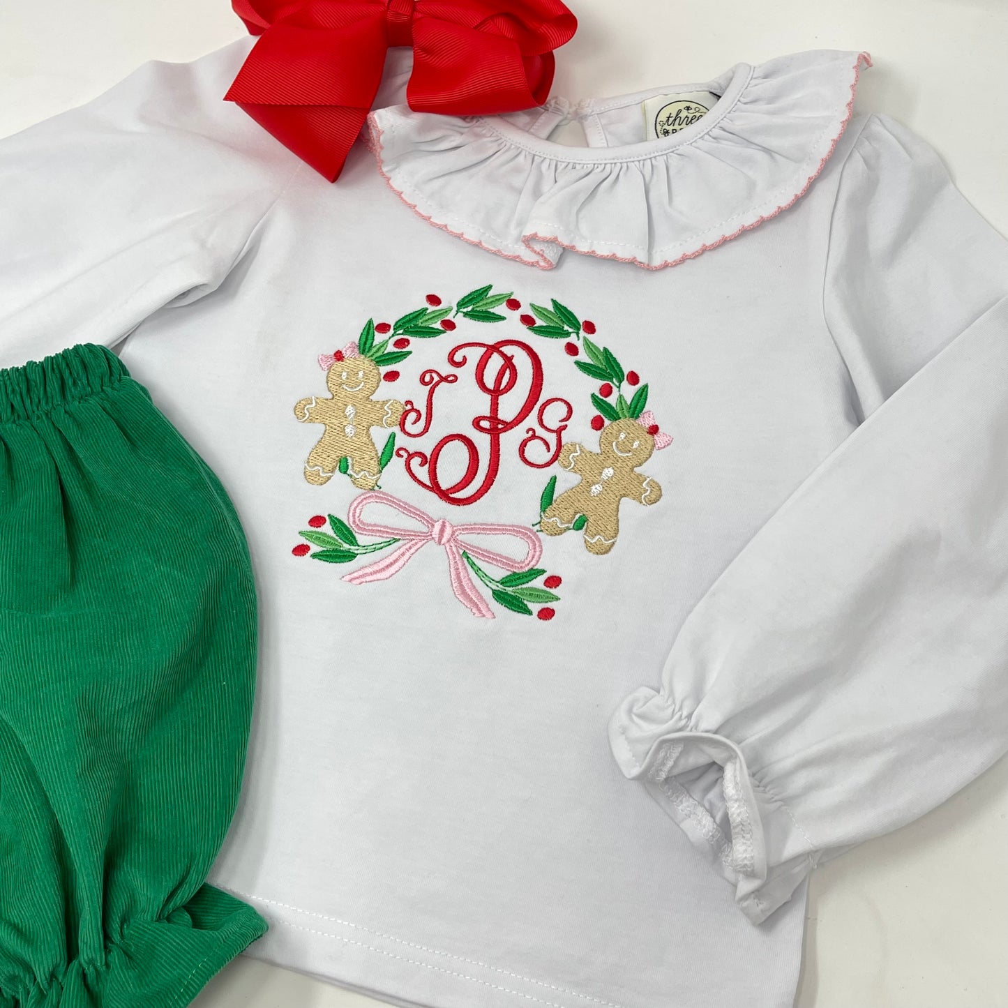 Gingerbread Monogram Frame Embroidery Girls Top