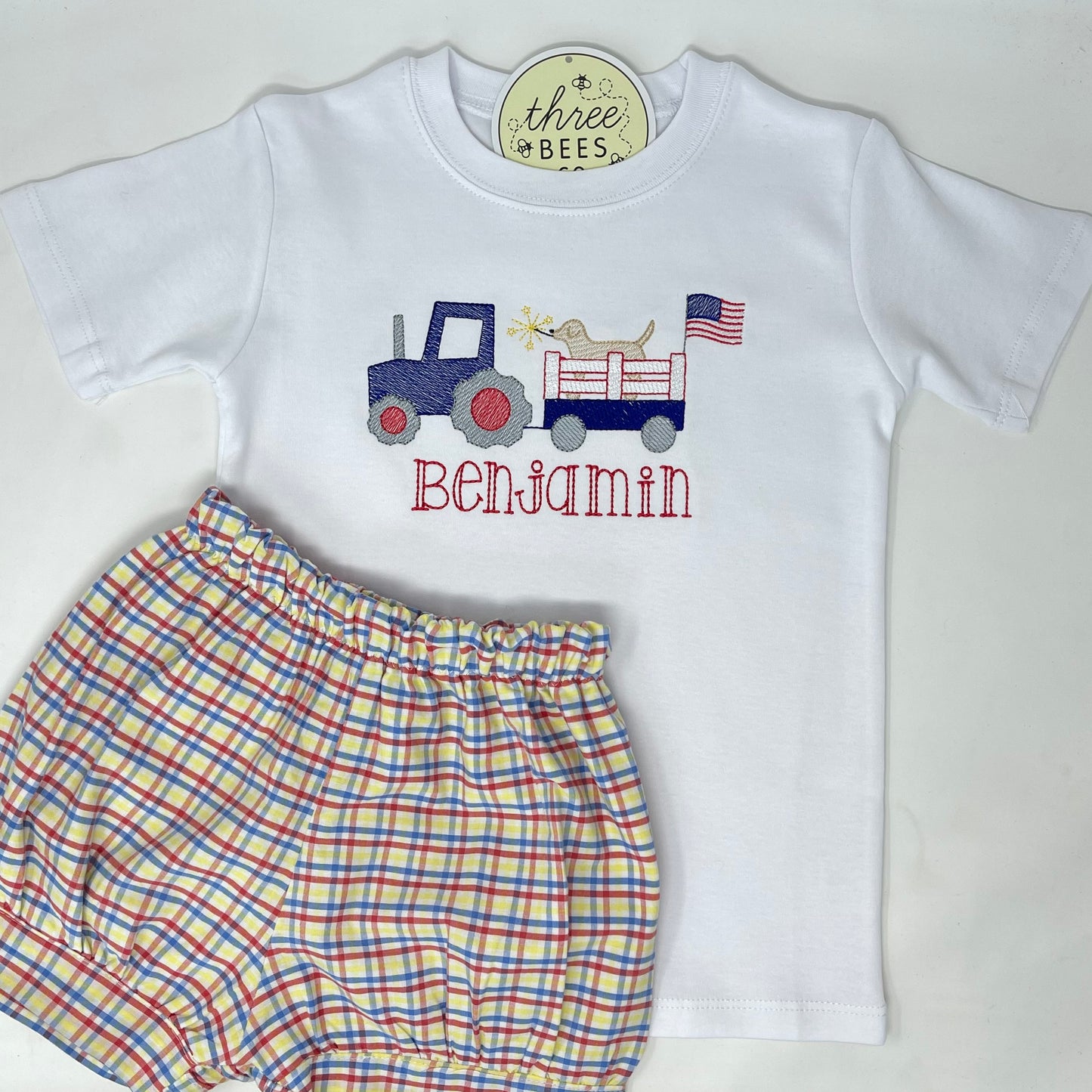 Patriotic Tractor Pup Embroidery T-Shirt