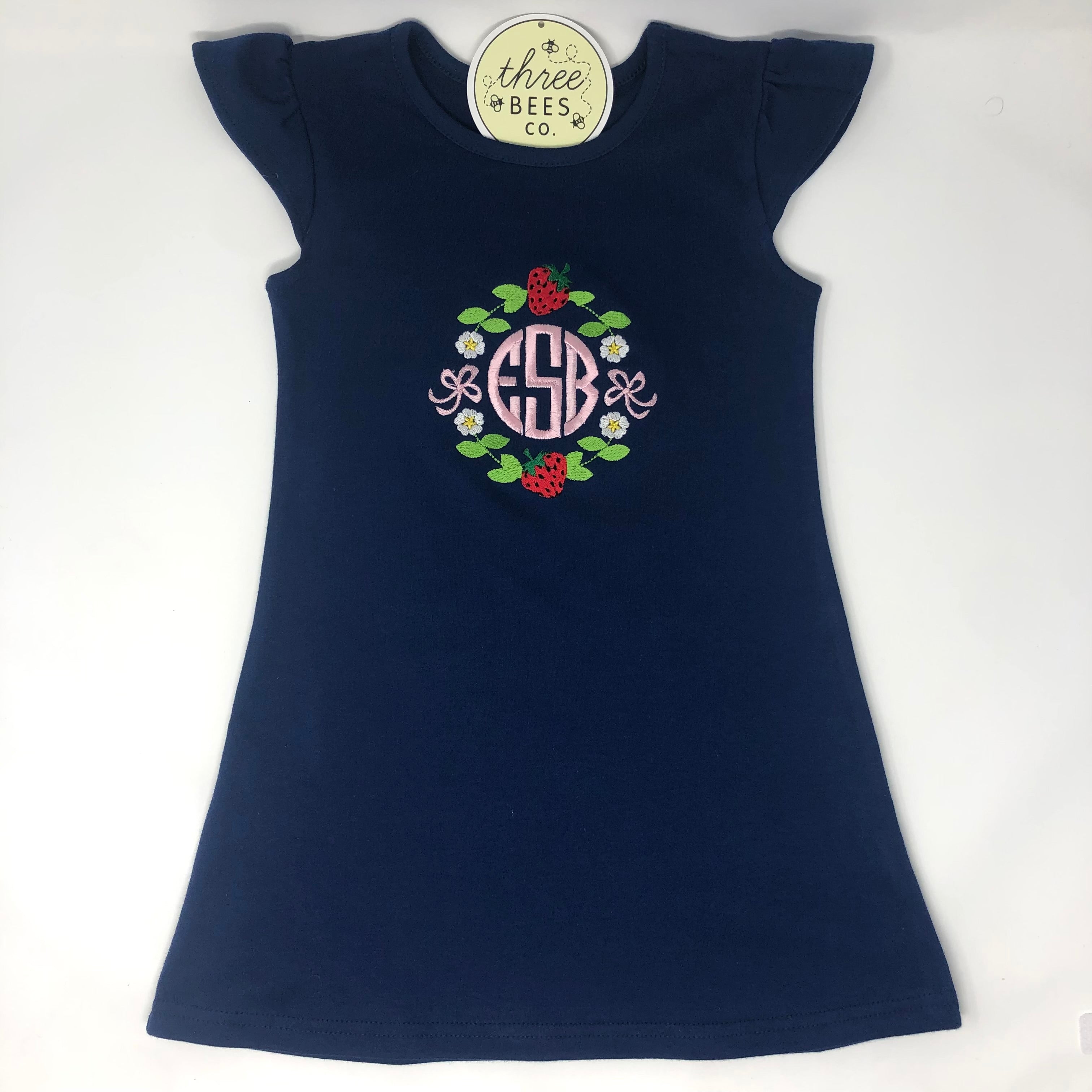 Strawberry Monogram Frame Girls Dress 6 / Black Strawberry Monogram Frame Girls Dress 6 / Black