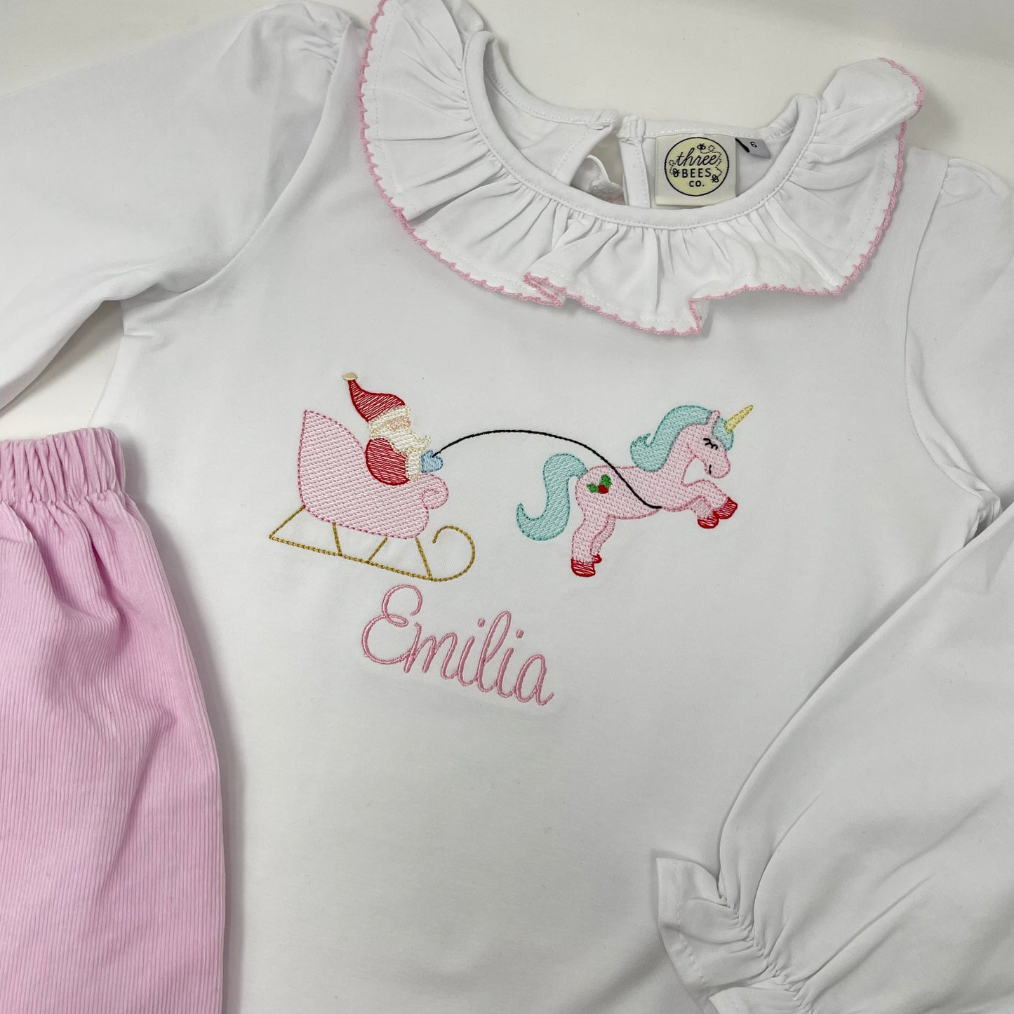 Unicorn Pulling Santa Embroidery Girls Top