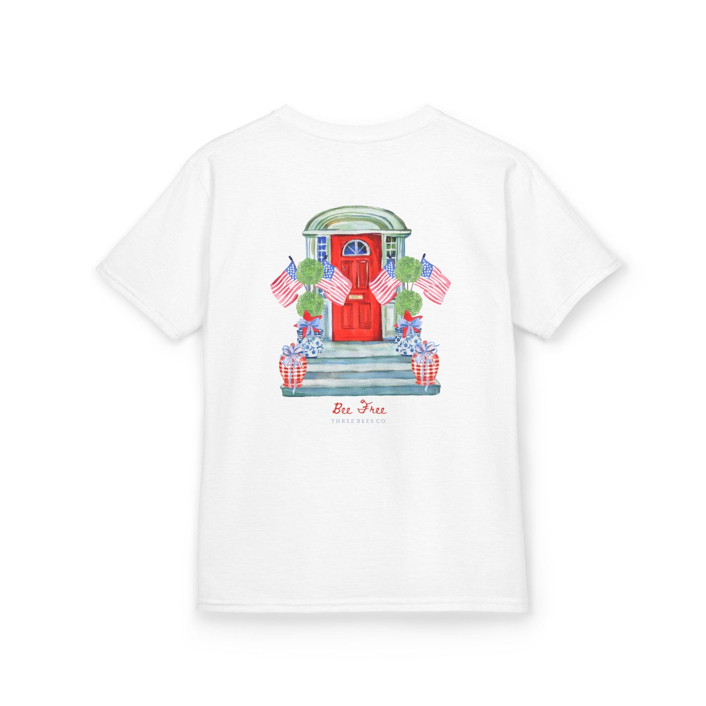 Bee Free Patriotic American Flag Front Porch Girls Short Sleeve Youth Hive Tee