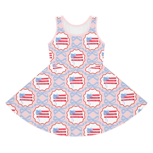 American Flag Trellis Bow Girls Sleeveless Knit Sundress
