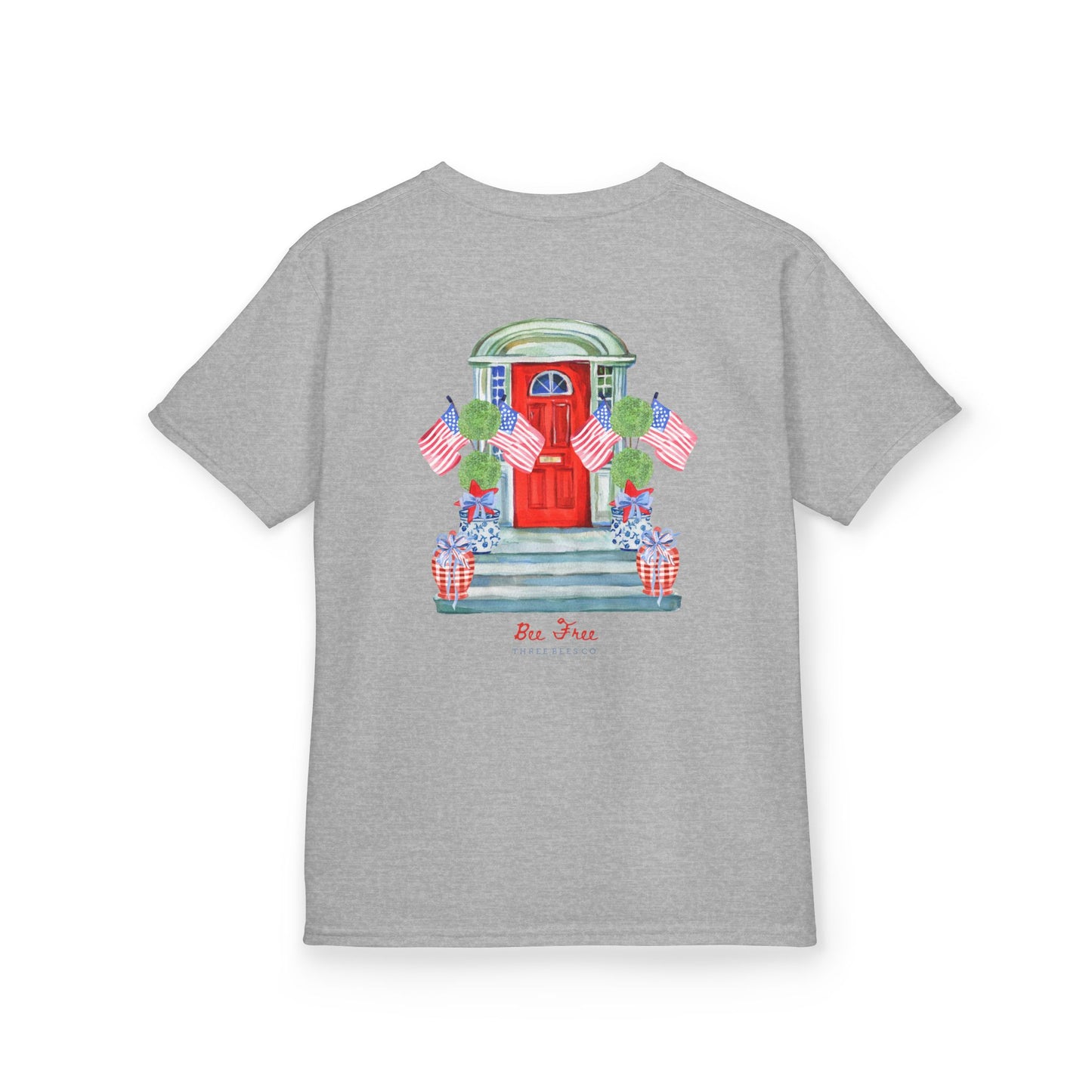 Bee Free Patriotic American Flag Front Porch Girls Short Sleeve Youth Hive Tee