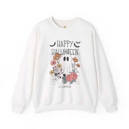 Happy Halloween Ghost Floral Sweatshirt | Cozy Gildan Unisex Crewneck, Three Bees Co. Fall Fashion, Halloween Apparel, Spooky Season Essentials