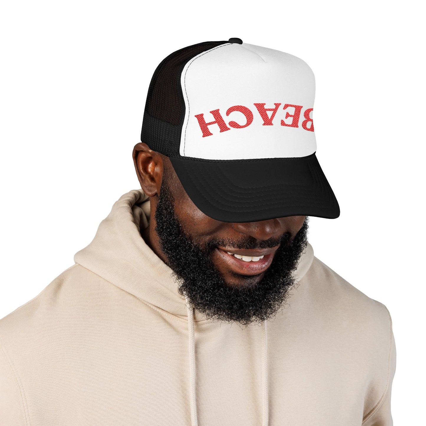 Beach in Red Embroidered Foam Trucker Otto Hat - Summer Vibe Accessory