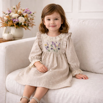 Embroidered Wildflower Linen Dress With Lace Trim
