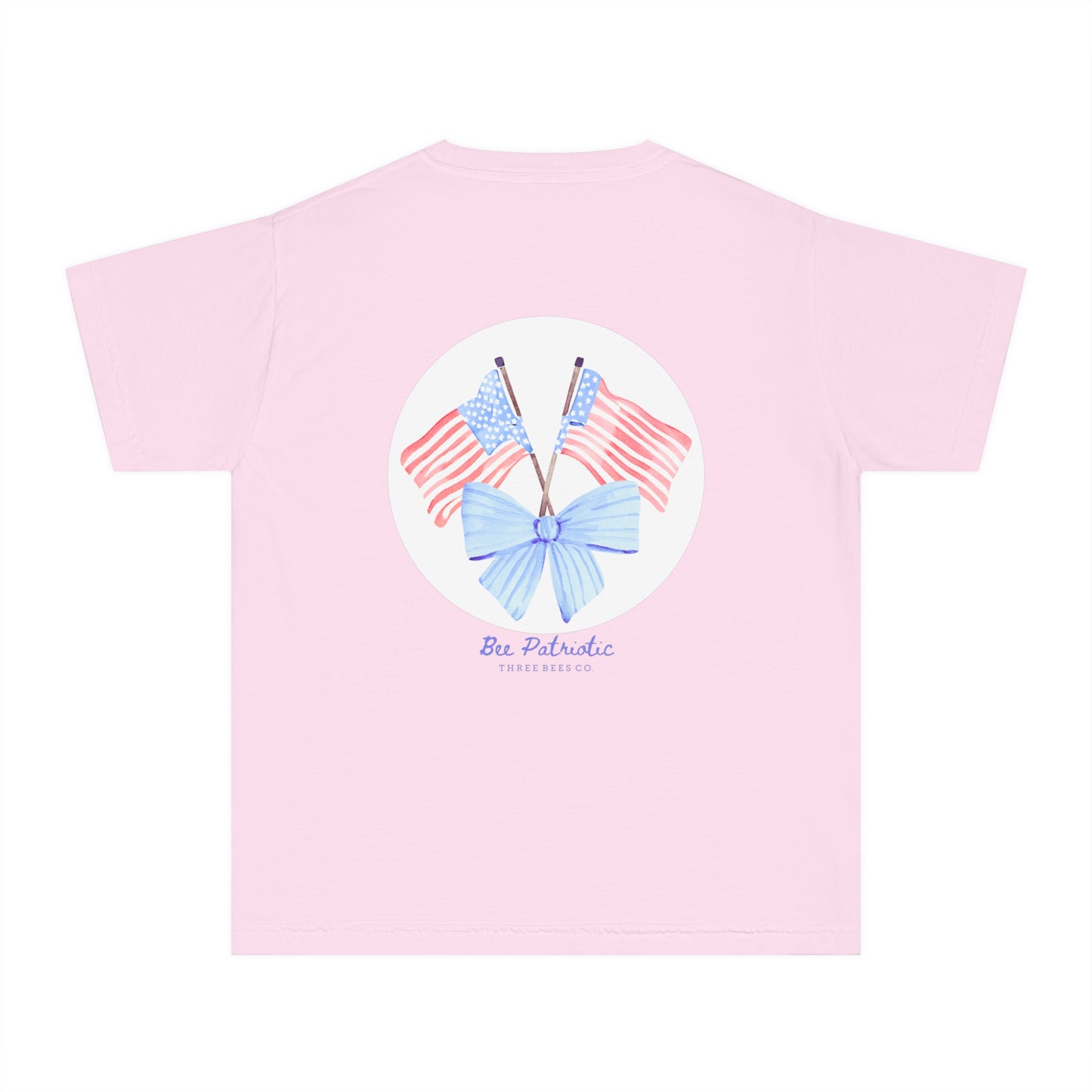 Bee Patriotic American Flag with Bow Girls Short Sleeve Youth Hive Tee