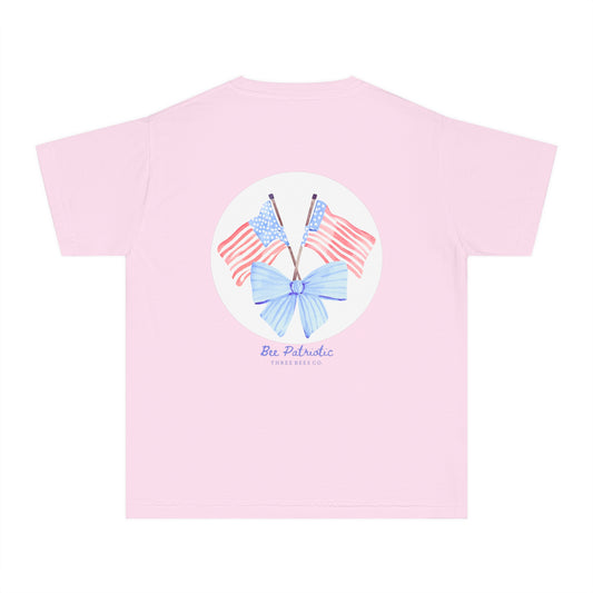 Bee Patriotic American Flag with Bow Girls Short Sleeve Youth Hive Tee