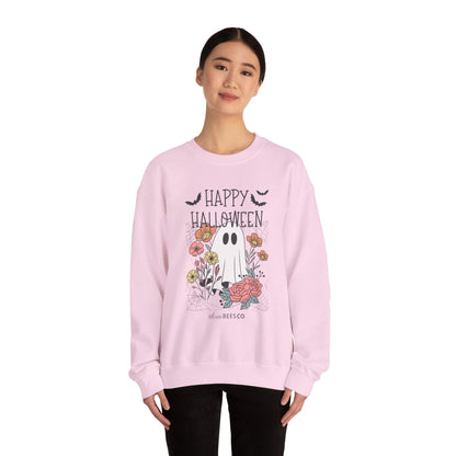 Happy Halloween Ghost Floral Sweatshirt | Cozy Gildan Unisex Crewneck, Three Bees Co. Fall Fashion, Halloween Apparel, Spooky Season Essentials