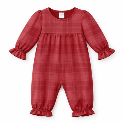 Red Plaid Baby Girl Romper With Ruffles & Puff Sleeves