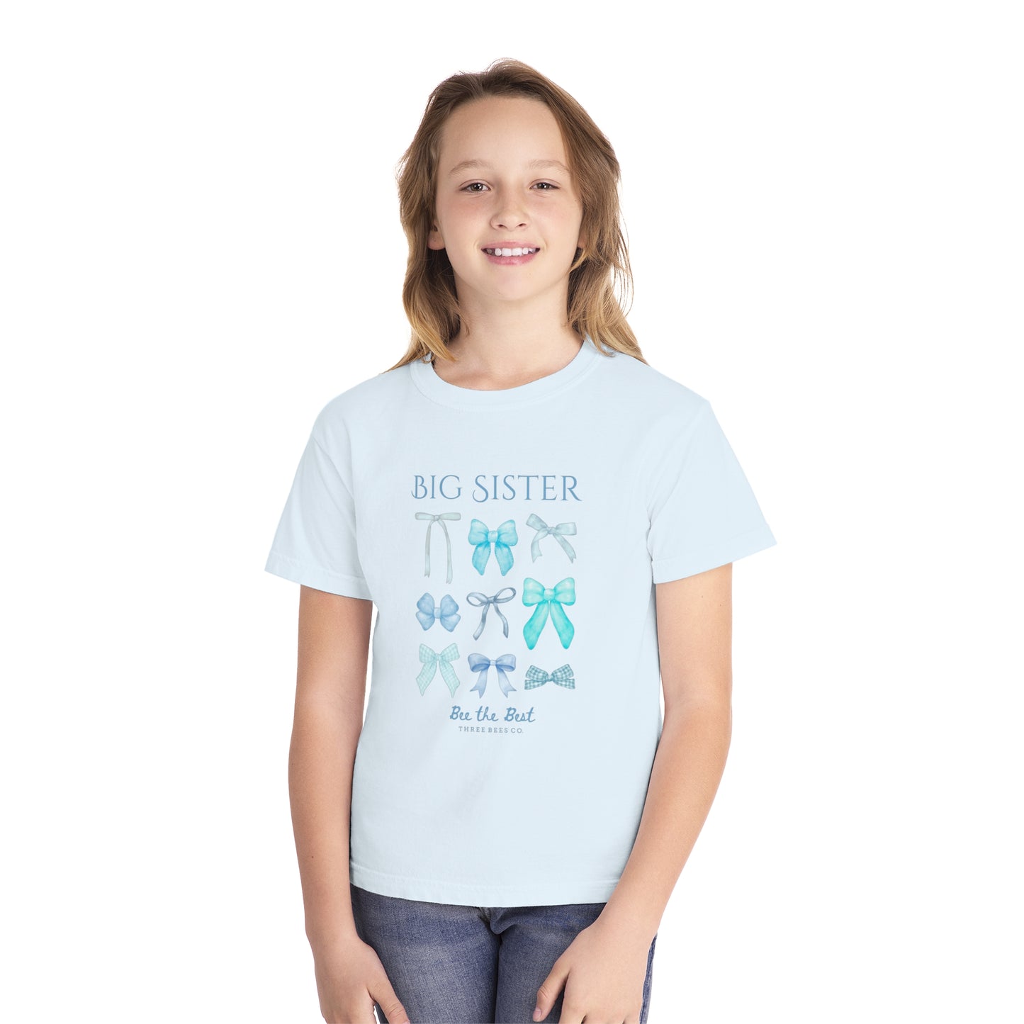 Bee the Best Big Sister Blue Bows Girls Short Sleeve Youth Hive Tee