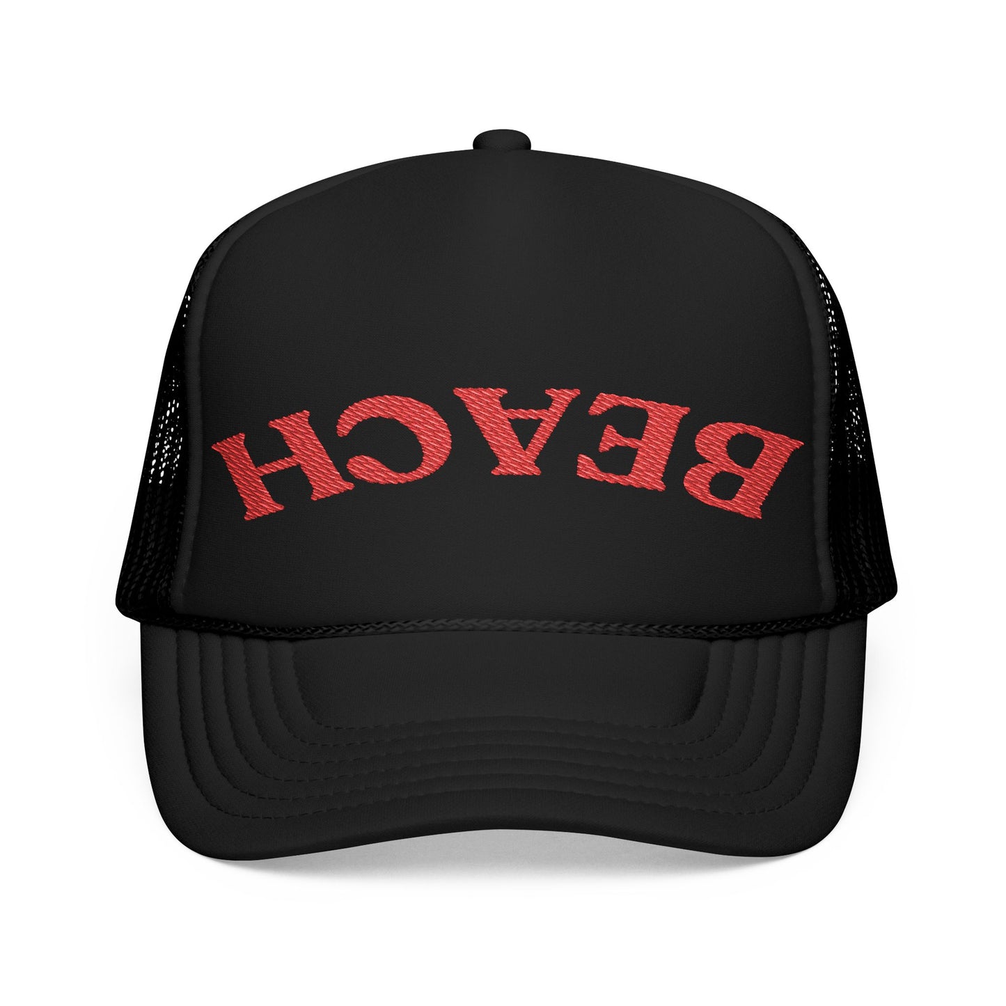 Beach in Red Embroidered Foam Trucker Otto Hat - Summer Vibe Accessory
