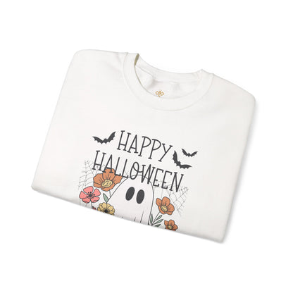 Happy Halloween Ghost Floral Sweatshirt | Cozy Gildan Unisex Crewneck, Three Bees Co. Fall Fashion, Halloween Apparel, Spooky Season Essentials