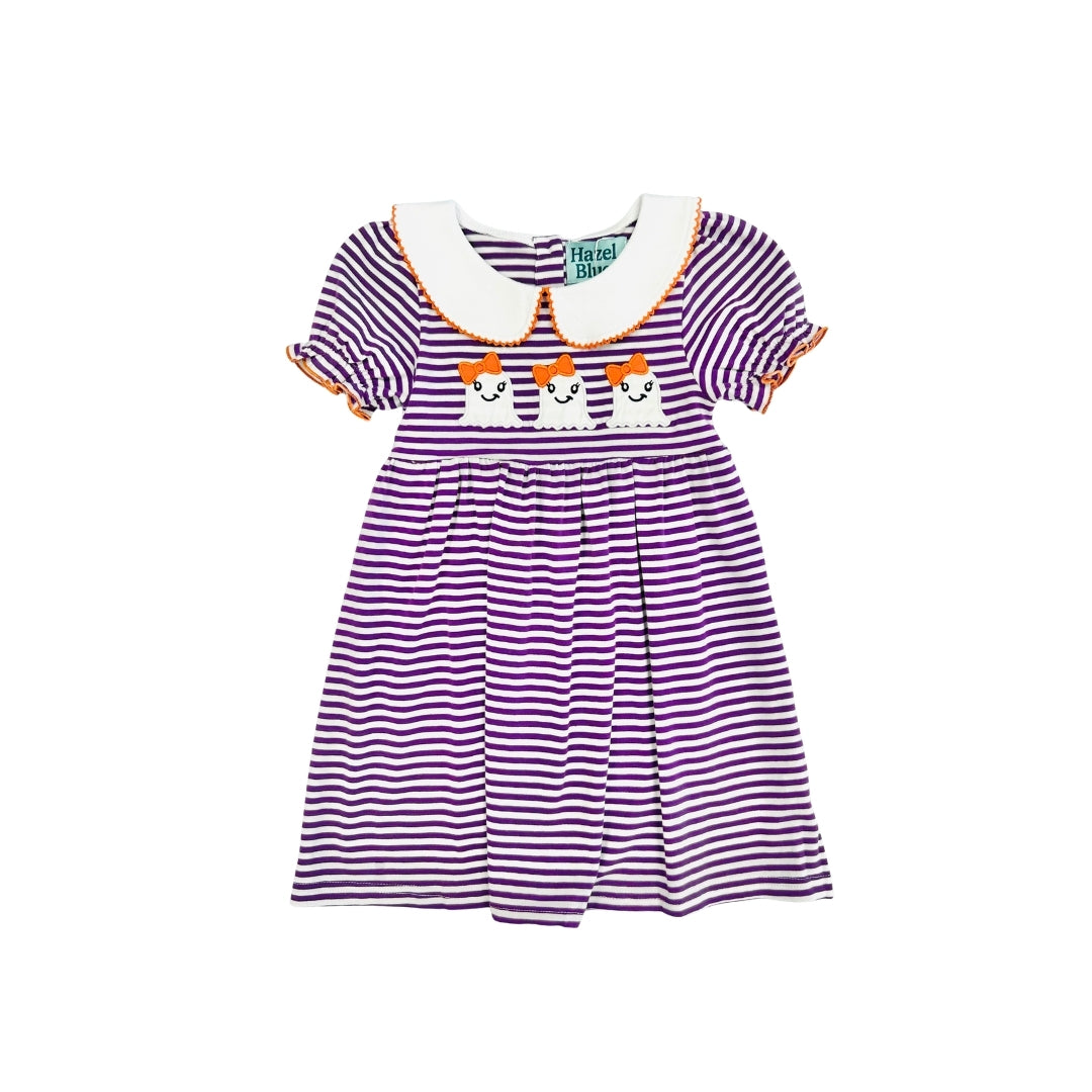 Hazel Blue Purple Stripe Dress with Girly Ghost Applique and Picot Trim