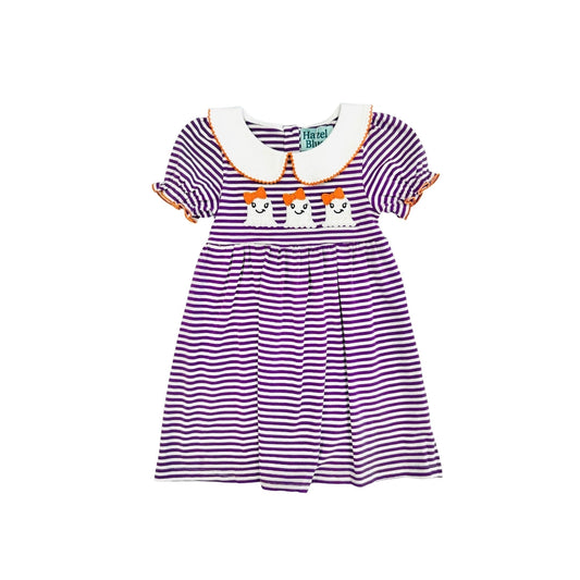 Hazel Blue Purple Stripe Dress with Girly Ghost Applique and Picot Trim