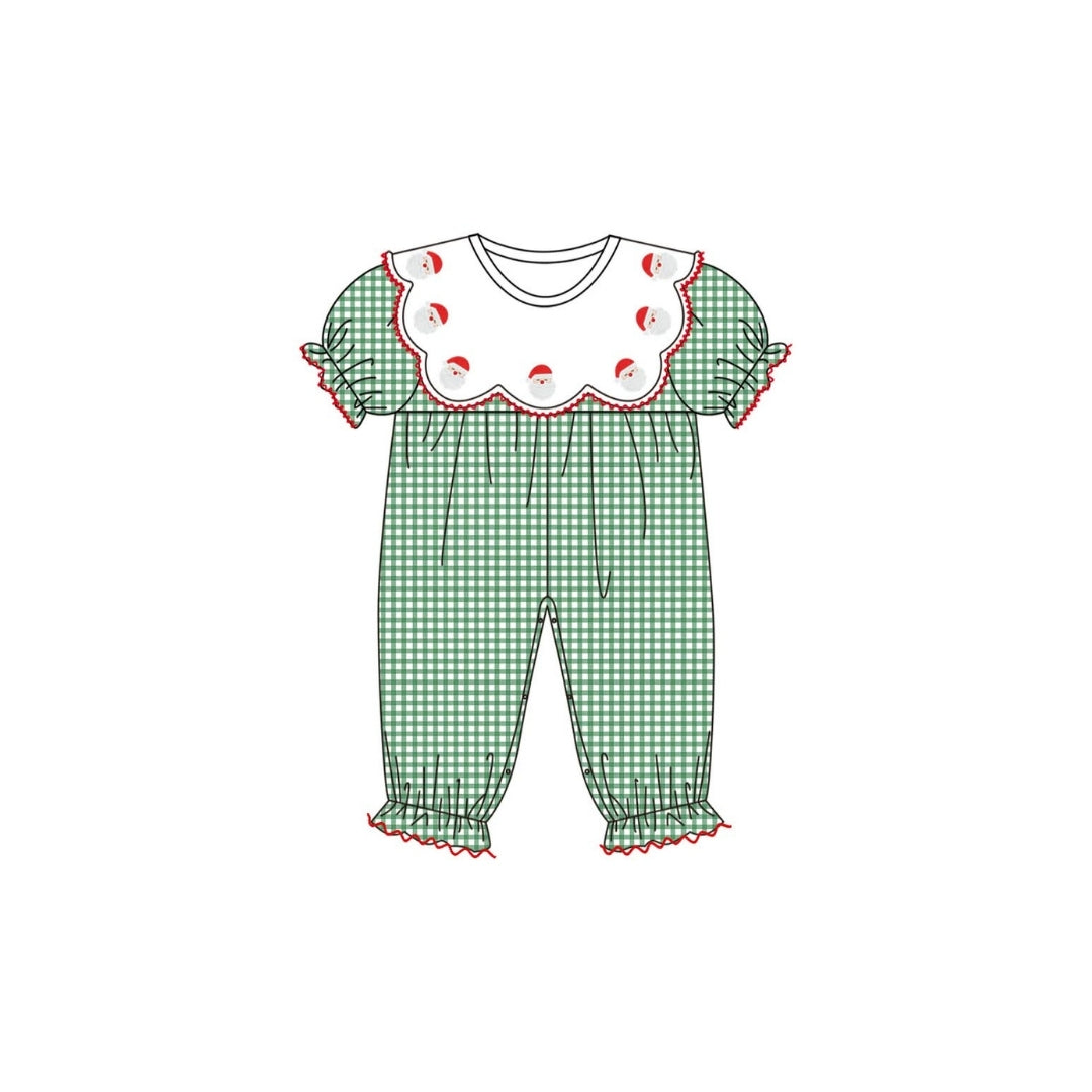 PRE ORDER - Hazel Blue Dark Green Micro Check Gingham Romper with Embroidered Santa Scalloped Bib Collar and Picot Trim